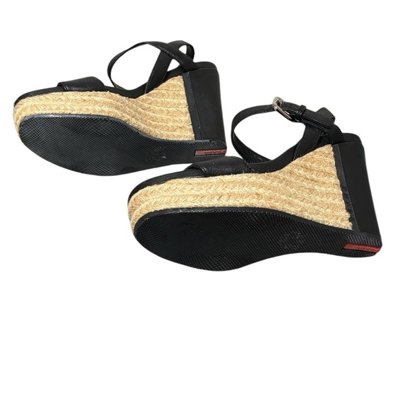 PRADA - SIZE 36EU / 6 US - BLACK LEATHER PLATFORM WEDGE ANKLE SANDALS - S6 - Picture 12 of 14